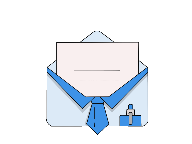 Animated image of an envelope with a shirt and tie that has a piece of paper coming out of it.